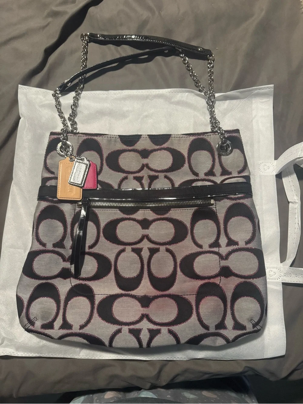 Coach Signature Jacquard Shoulder Bag in Gray with Black and Pink Accents